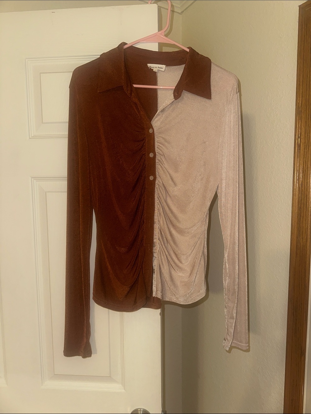 Two-Tone Ruched Button-Front Long Sleeve Top - Brown & Blush